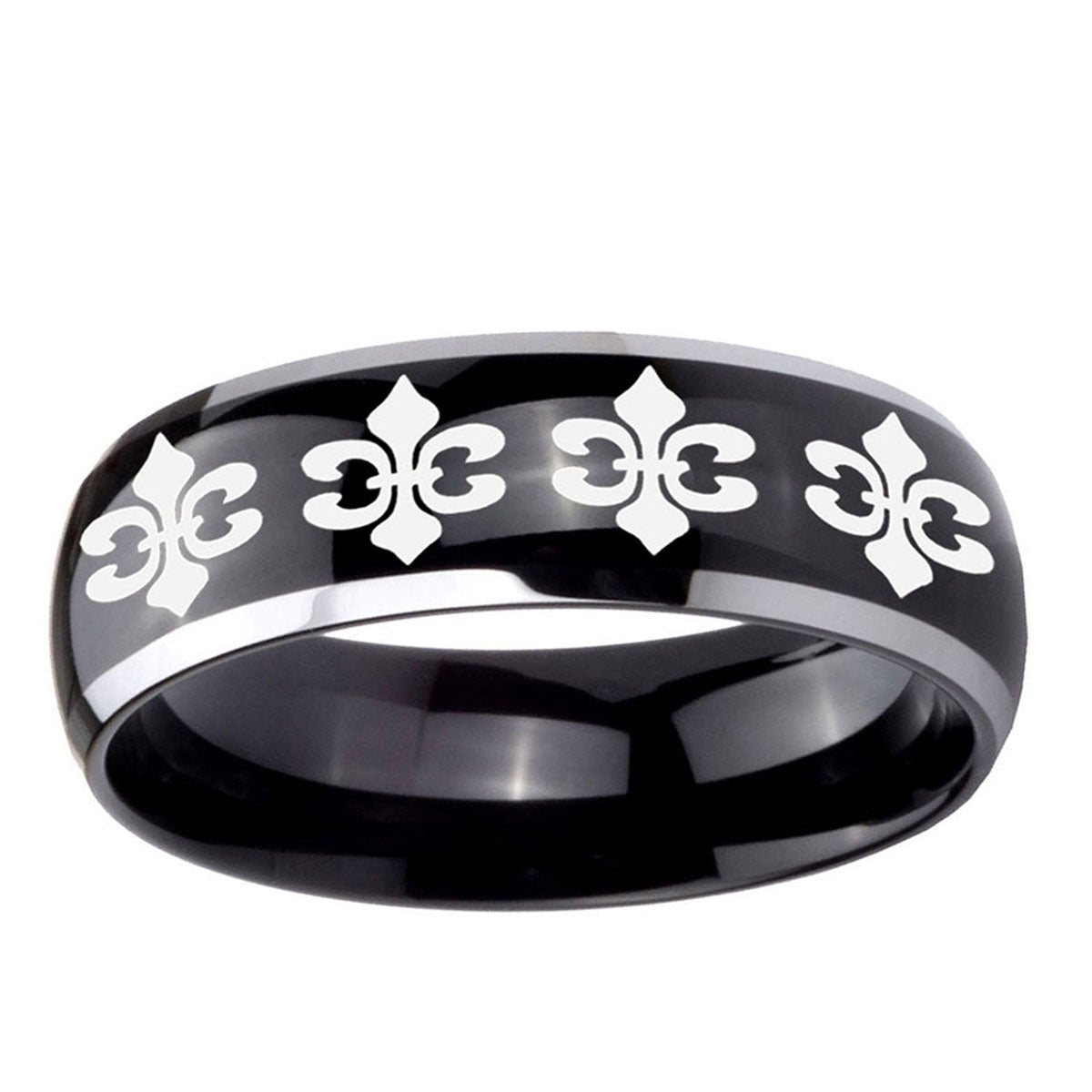 10mm Multiple Fleur-De-Lis Dome Glossy Black 2 Tone Tungsten Men's Wedding Band