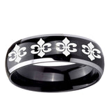 5, 8mm Multiple Fleur-De-Lis Dome Glossy Black 2 Tone Tungsten Engraved Ring