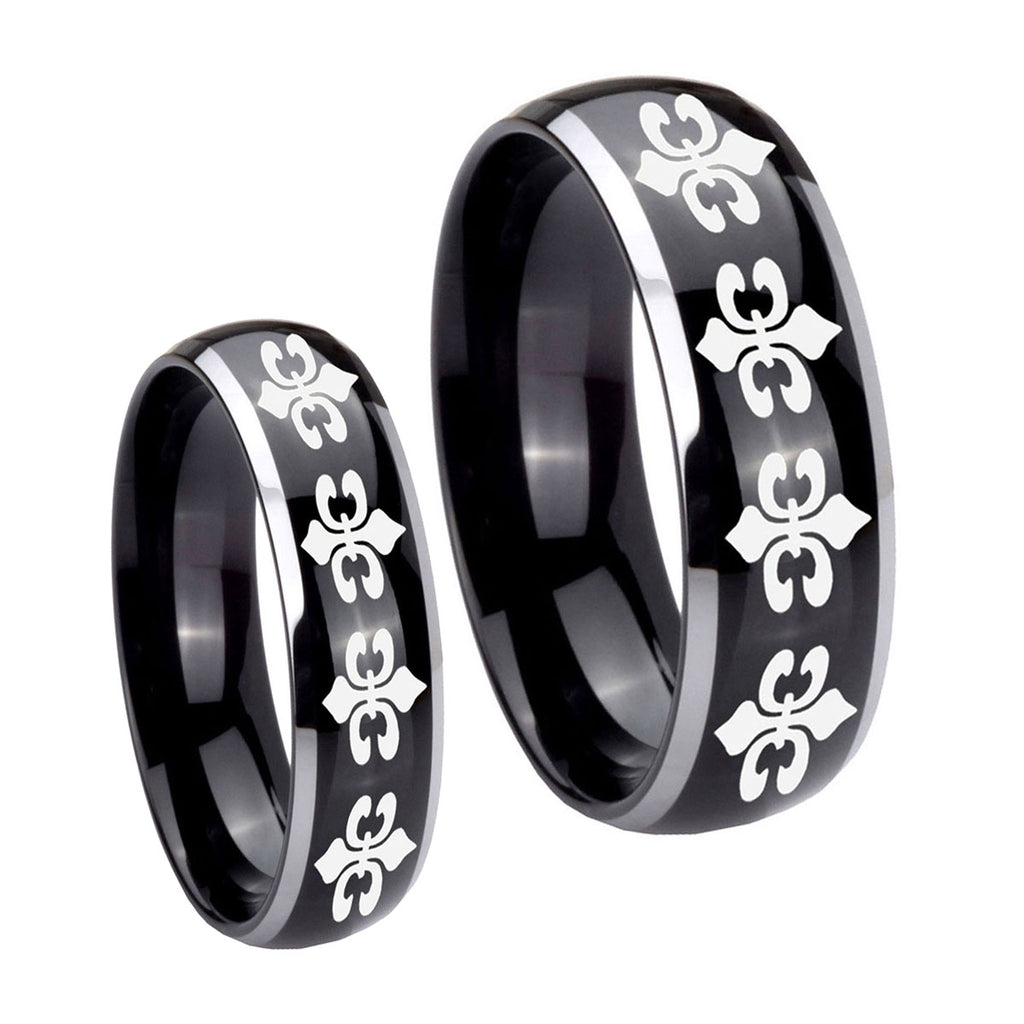 Multiple Fleur De Lis Dome Glossy Black 2 Tone Tungsten Wedding Band Set