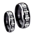 Multiple Fleur De Lis Dome Glossy Black 2 Tone Tungsten Wedding Band Set