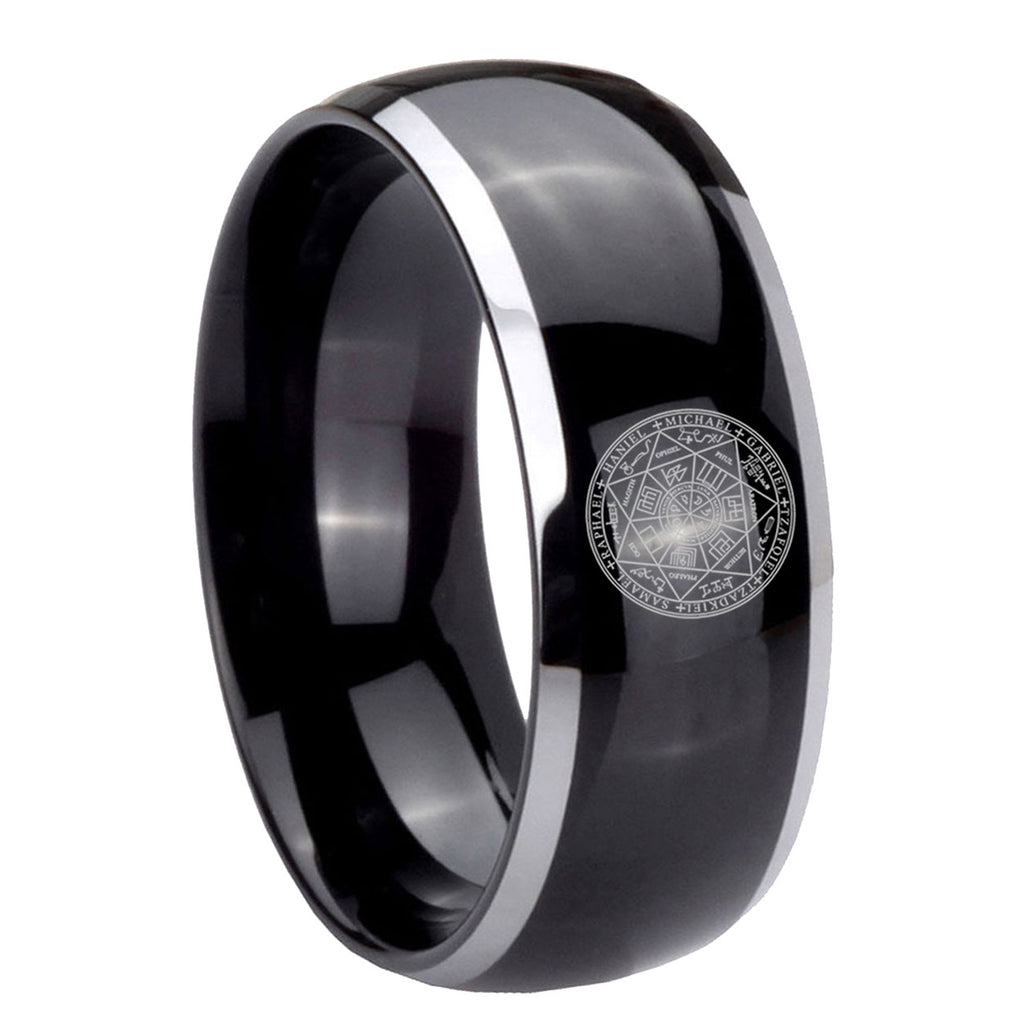 8mm Seal of Seven Archangel Dome Two Tone Black Tungsten Ring