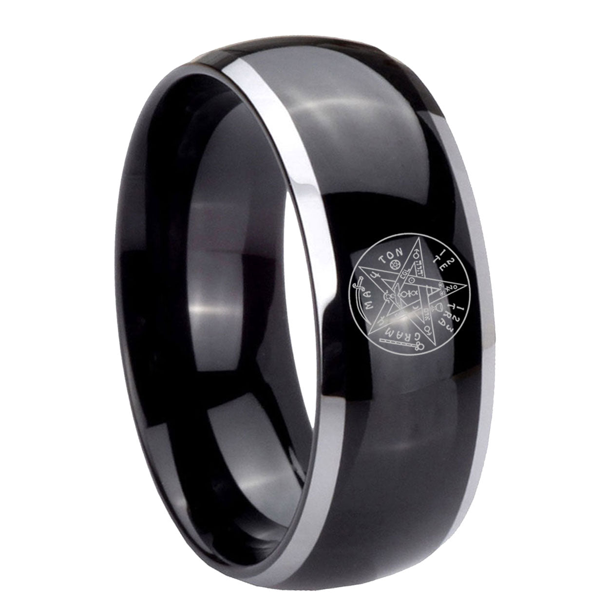8mm Tetragrammaton Spiritual Kabbalah Dome Two Tone Black Tungsten Ring