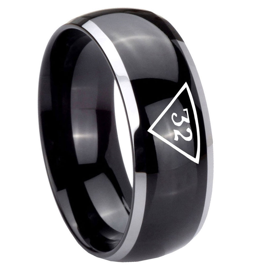 8mm Masonic 32 Triangle Freemason Dome Glossy Black 2 Tone Tungsten Ring