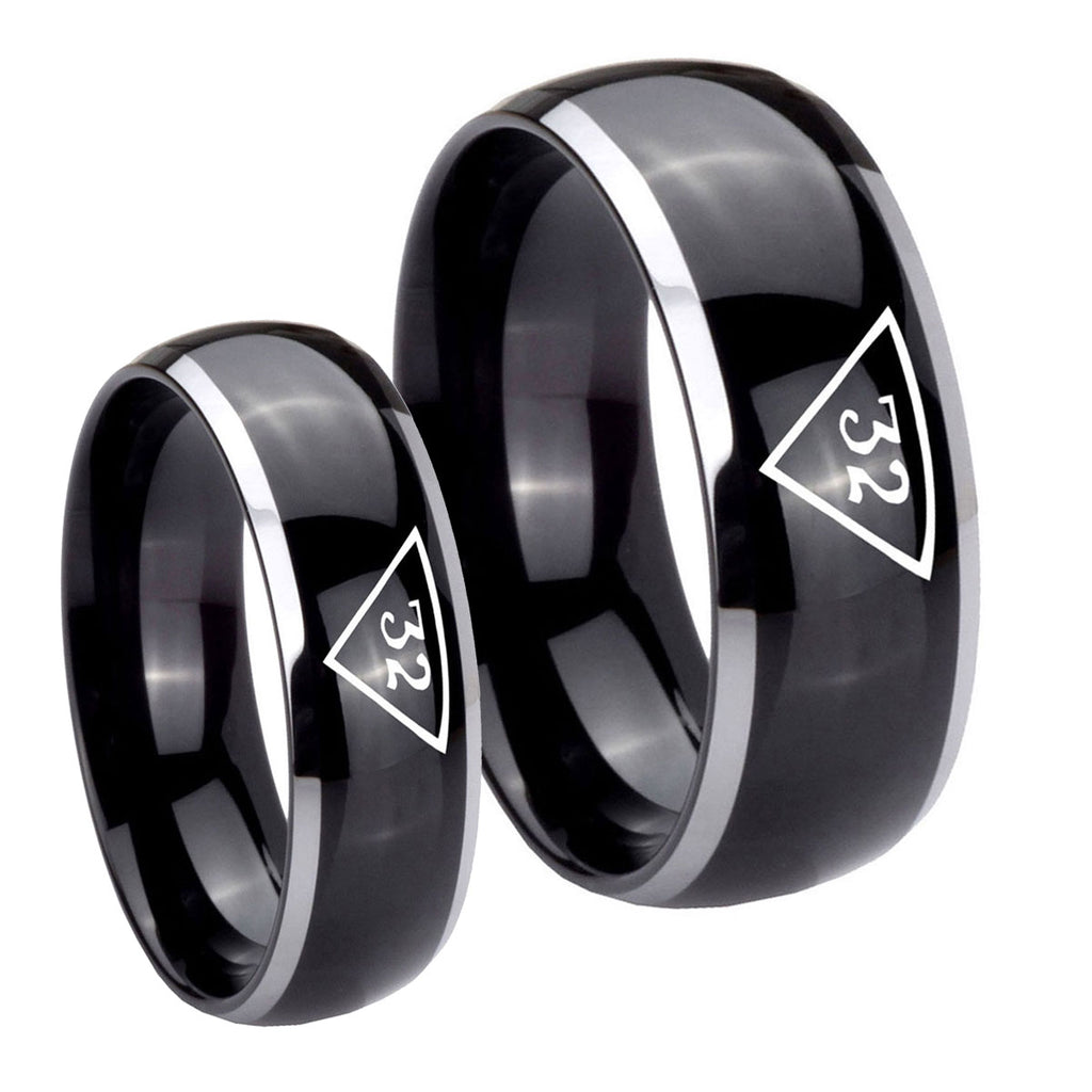 Masonic 32 Triangle Freemason Dome Glossy Black 2 Tone Tungsten Mens Band Set