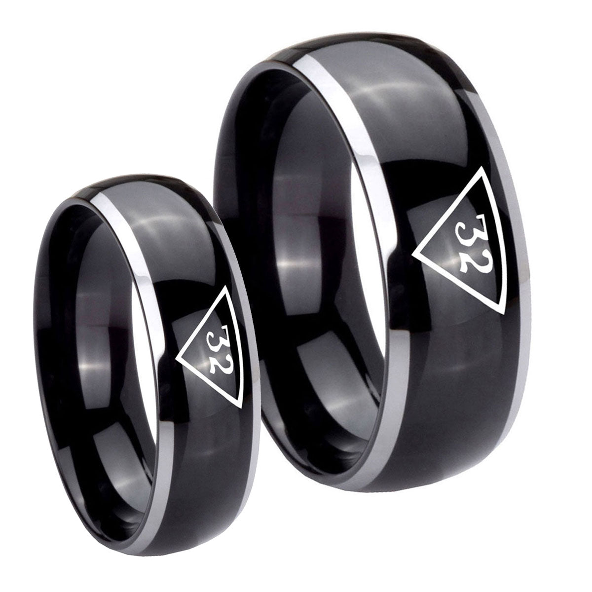 Masonic 32 Triangle Freemason Dome Glossy Black 2 Tone Tungsten Mens Band Set