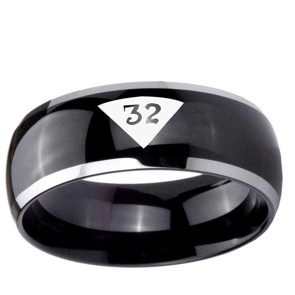 10mm Masonic 32 Triangle Design Freemason Dome Glossy Black 2 Tone Tungsten Ring