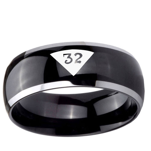 10mm Masonic 32 Triangle Design Freemason Dome Glossy Black 2 Tone Tungsten Ring