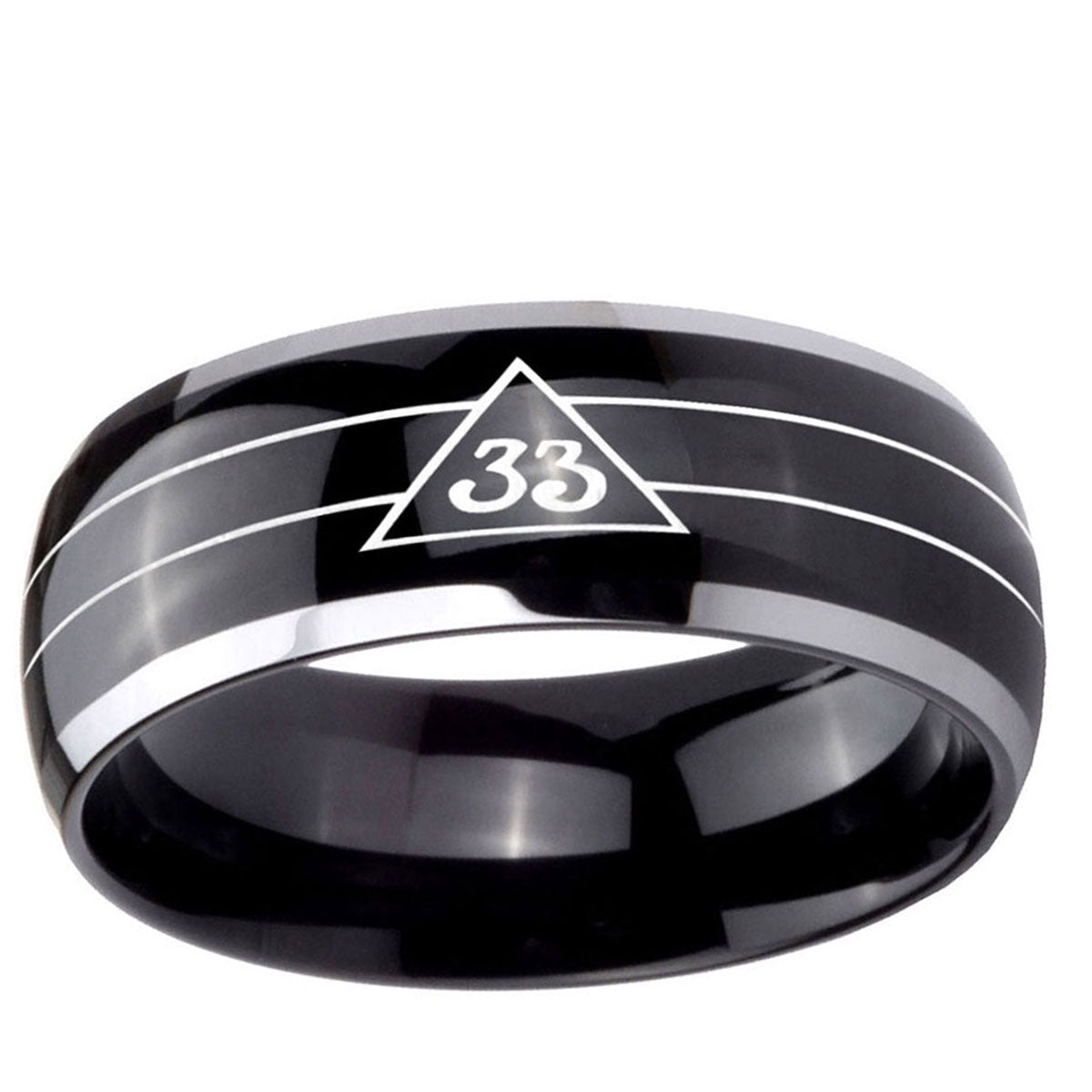 10mm Masonic 32 Duo Line Freemason Dome Glossy Black 2 Tone Tungsten Ring