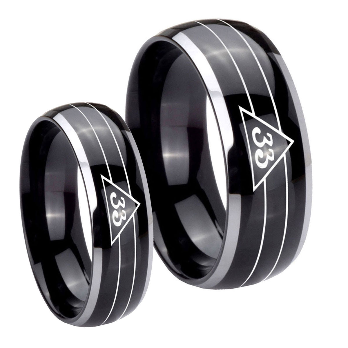 Masonic 32 Duo Line Freemason Dome Glossy Black 2 Tone Tungsten Engagement Ring Set