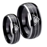 His and Hers Masonic 32 Duo Line Freemason Dome Glossy Black 2 Tone Tungsten Mens Promise Ring Set