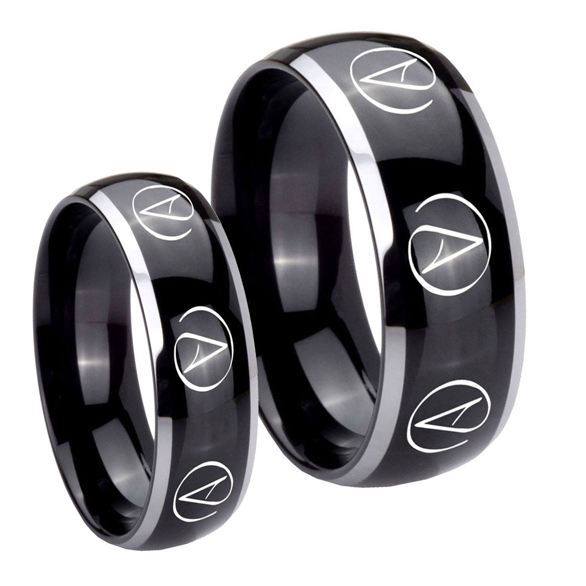 Atheist Design Dome Glossy Black 2 Tone Tungsten His And Hers Ring