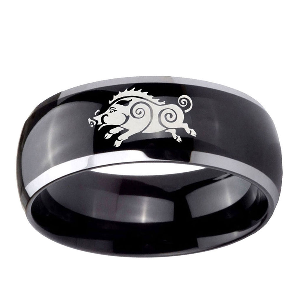 10mm Wild Boar Dome Glossy Black 2 Tone Tungsten Ring