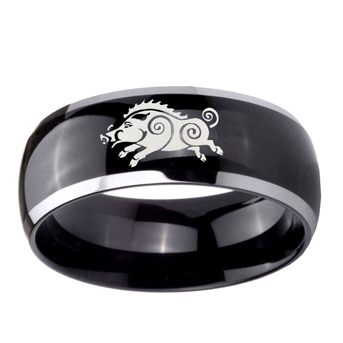10mm Wild Boar Dome Glossy Black 2 Tone Tungsten Ring