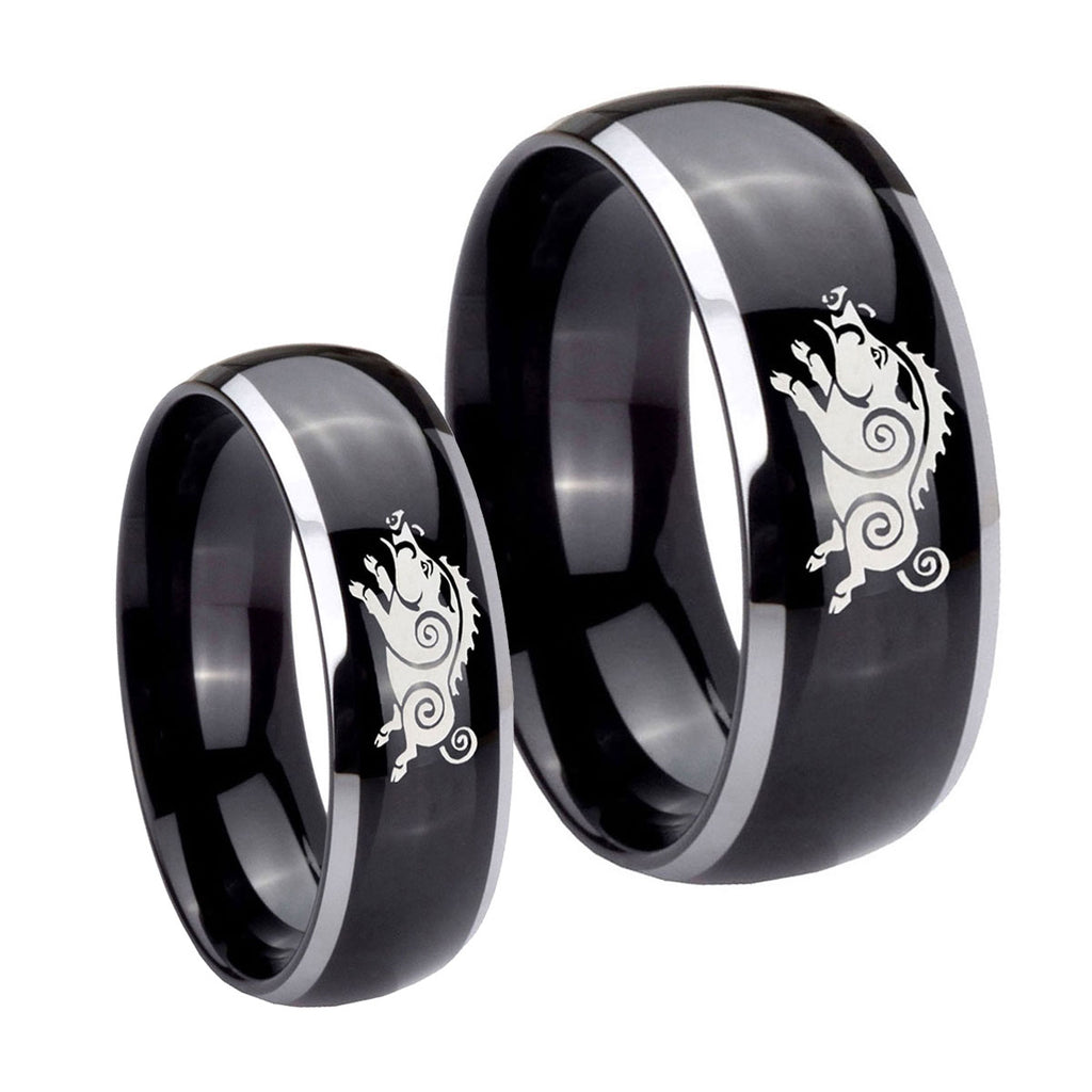 Wild Boar Dome Glossy Black 2 Tone Tungsten Couple Band Set