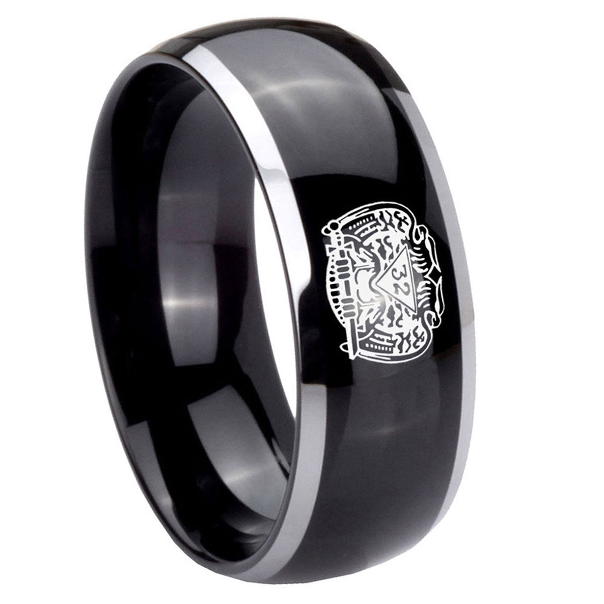 8mm Masonic 32 Degree Freemason Dome Glossy Black 2 Tone Tungsten Ring