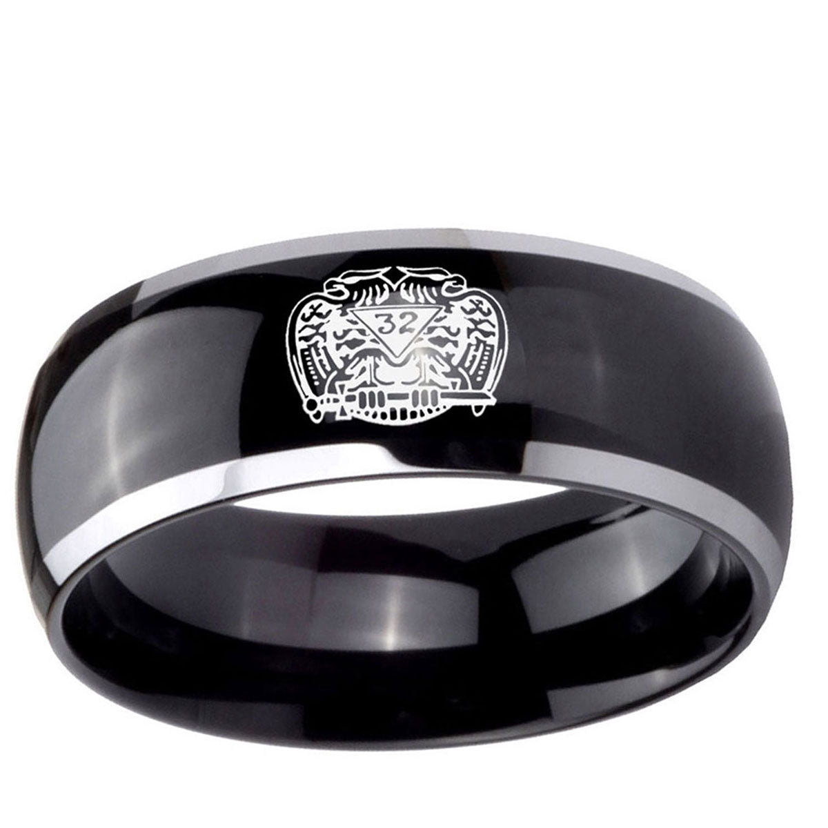 10mm Masonic 32 Degree Freemason Dome Glossy Black 2 Tone Tungsten Ring
