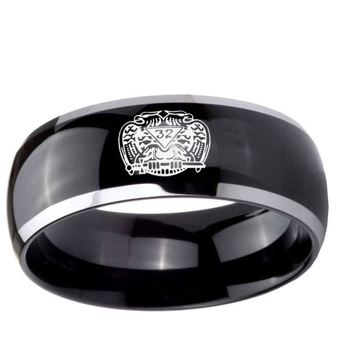 10mm Masonic 32 Degree Freemason Dome Glossy Black 2 Tone Tungsten Ring