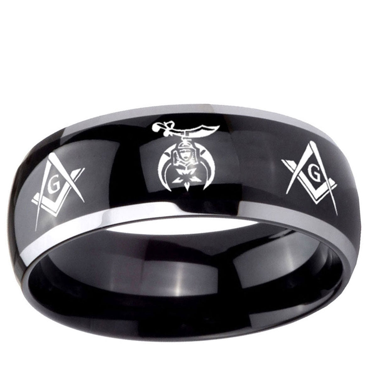 10mm Masonic Shriners Dome Glossy Black 2 Tone Tungsten Carbide Mens Bands Ring