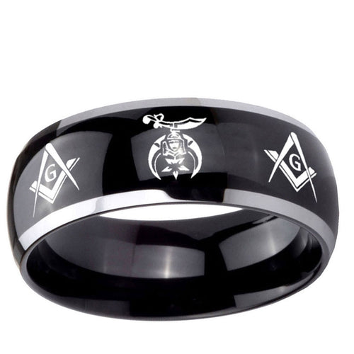 10mm Masonic Shriners Dome Glossy Black 2 Tone Tungsten Carbide Mens Bands Ring