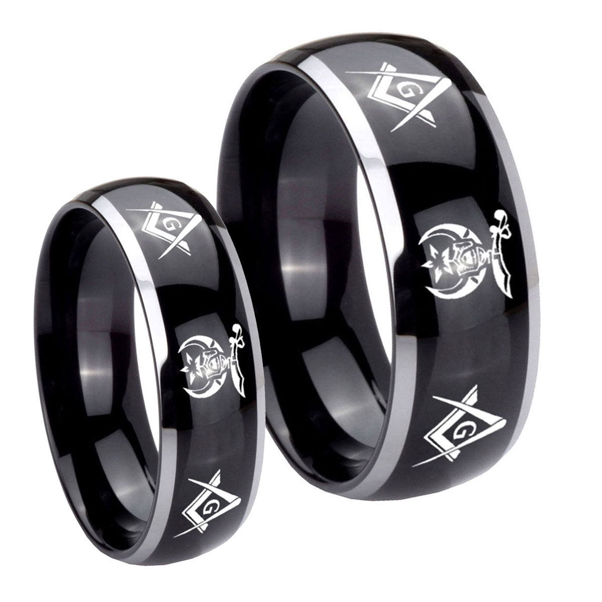 Masonic Shriners Dome Glossy Black 2 Tone Tungsten Wedding Band Set