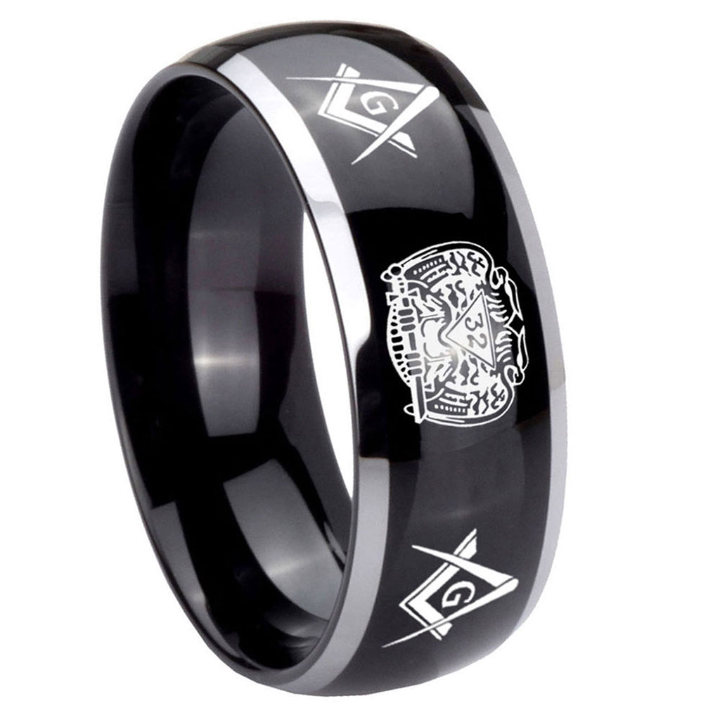 10mm Masonic 32 Design Dome Glossy Black 2 Tone Tungsten Carbide Rings for Men