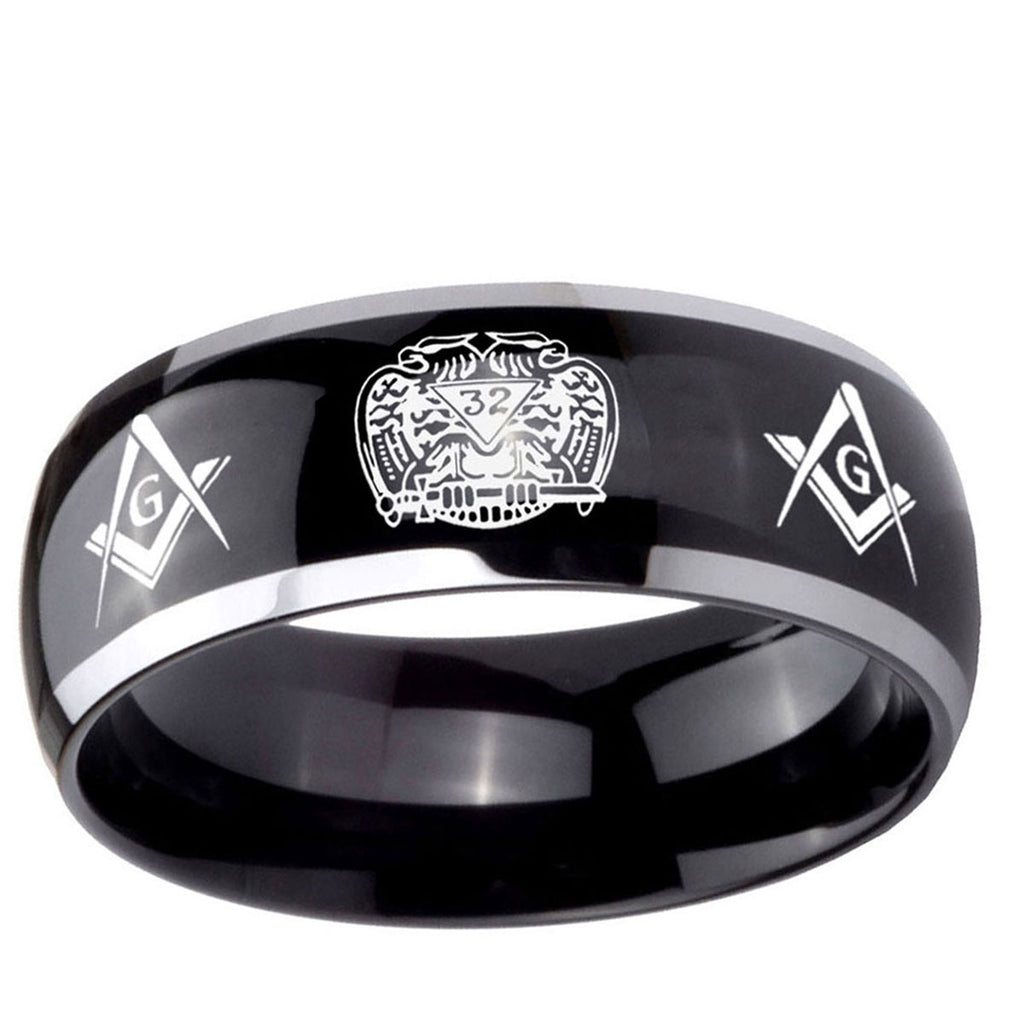 10mm Masonic 32 Design Dome Glossy Black 2 Tone Tungsten Ring