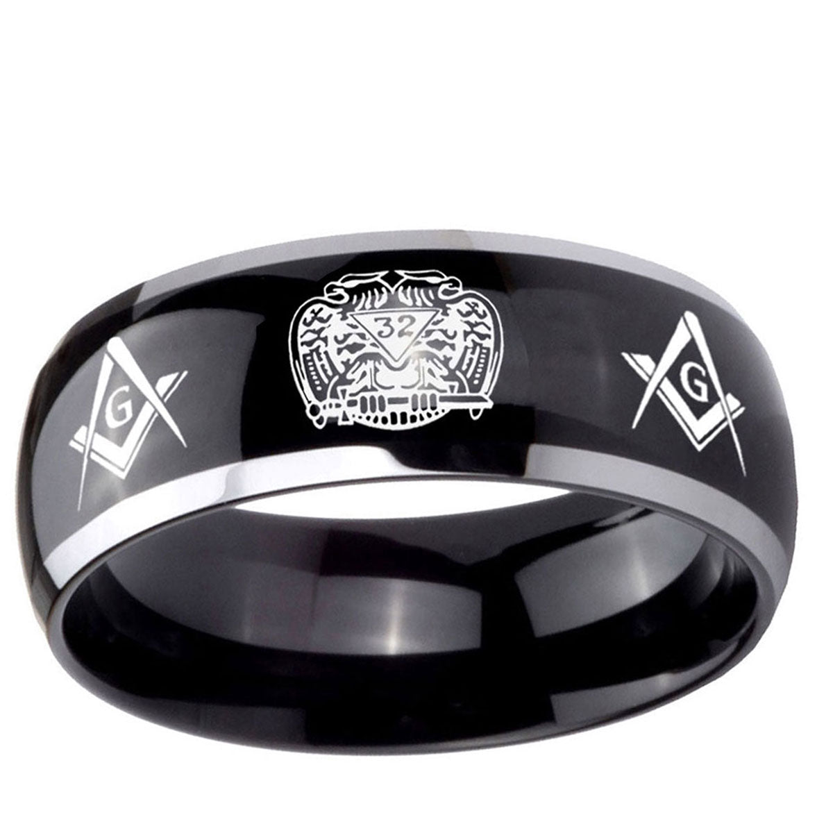 10mm Masonic 32 Design Dome Glossy Black 2 Tone Tungsten Ring