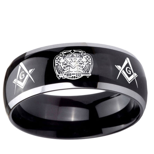 10mm Masonic 32 Design Dome Glossy Black 2 Tone Tungsten Ring