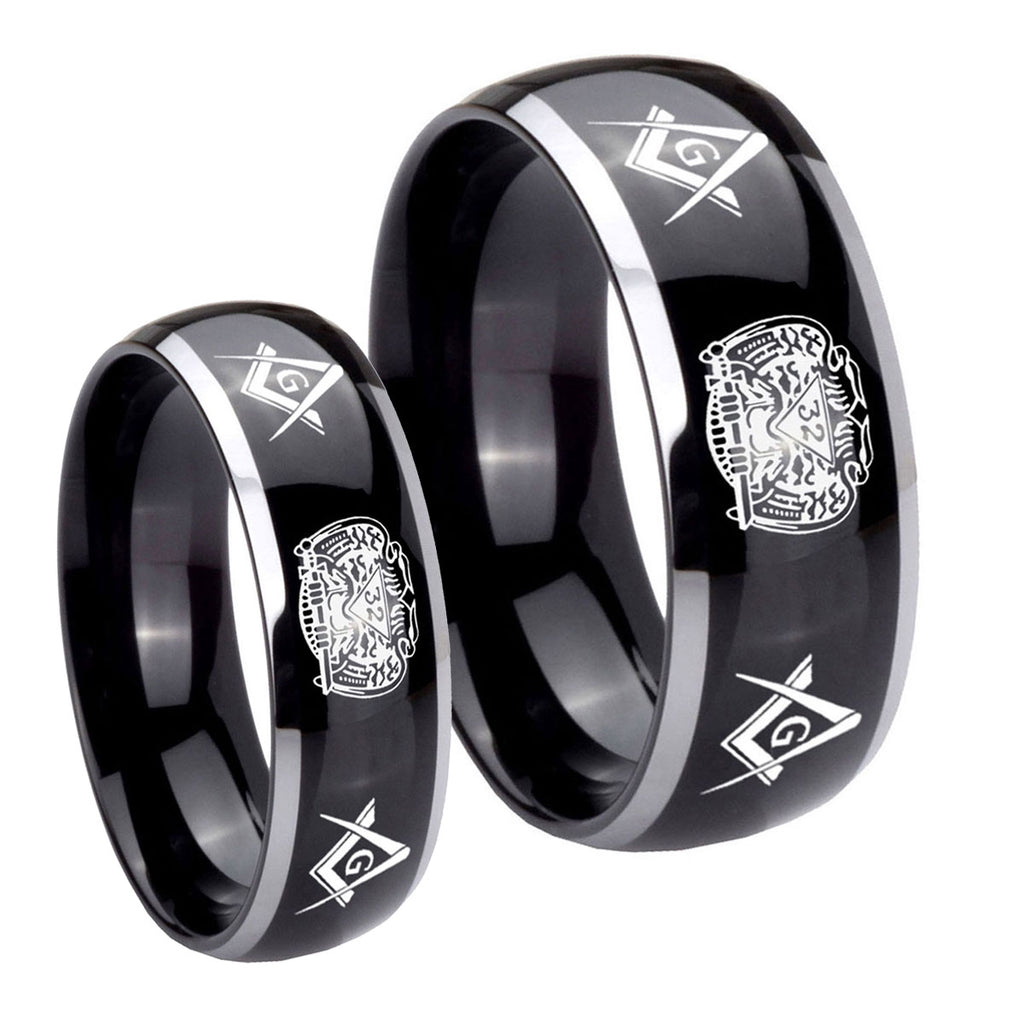 Masonic 32 Design Dome Glossy Black 2 Tone Tungsten Mens Ring Set