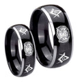 Masonic 32 Design Dome Glossy Black 2 Tone Tungsten Mens Ring Set