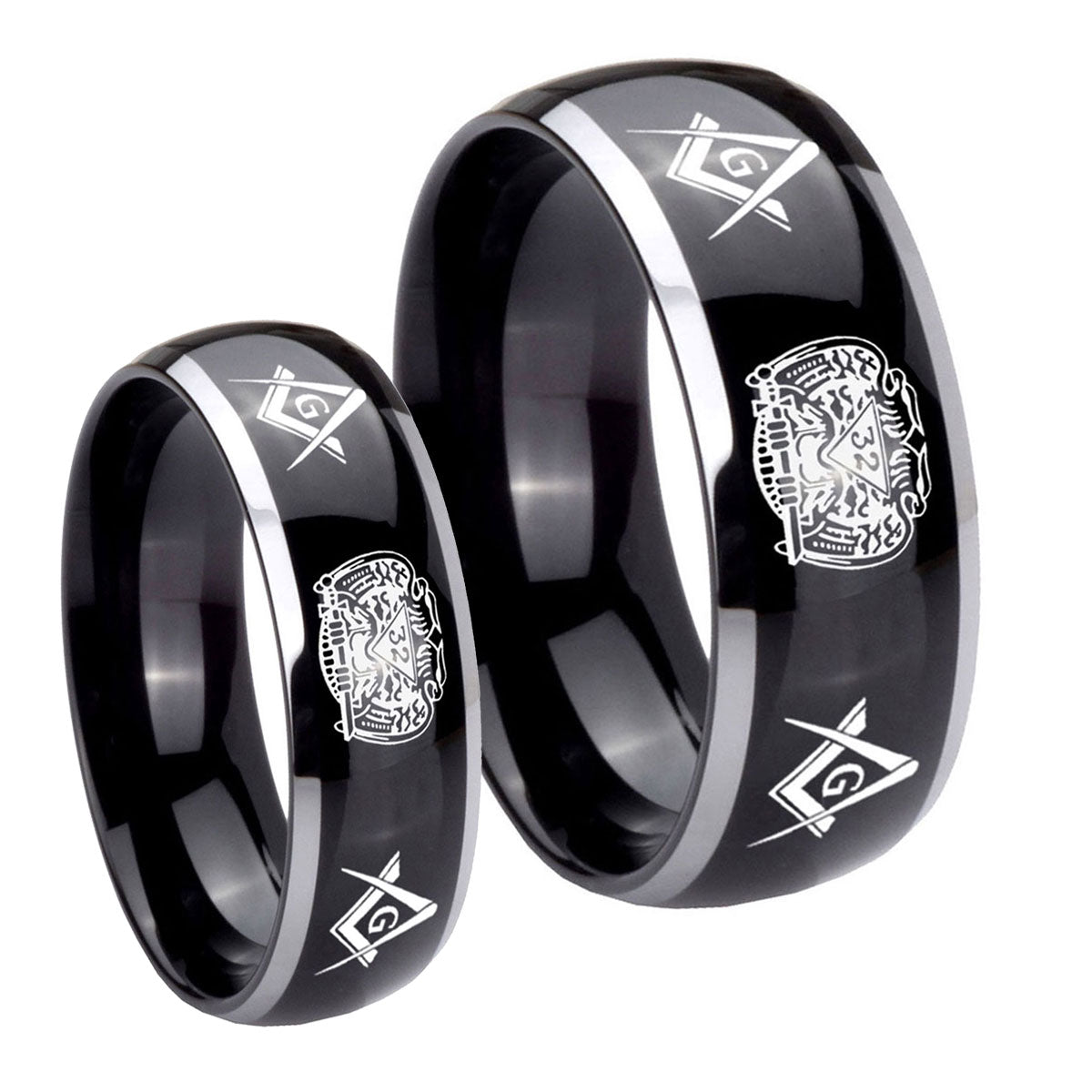Masonic 32 Design Dome Glossy Black 2 Tone Tungsten Mens Ring Set