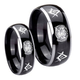 His Hers Masonic 32 Design Dome Glossy Black 2 Tone Tungsten Rings for Men Set