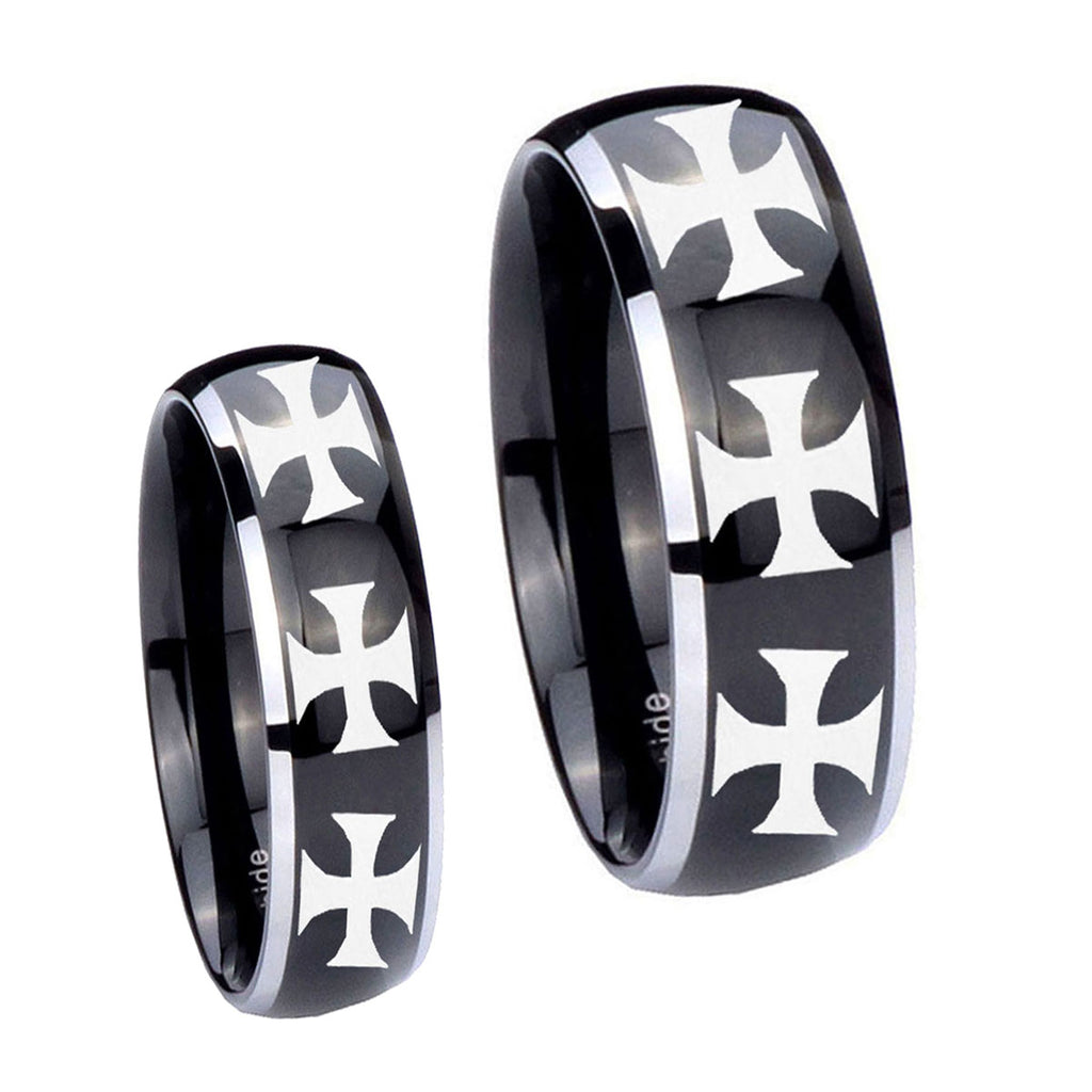 Multiple Maltese Cross Dome Glossy Black 2 Tone Tungsten Wedding Set Ring