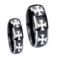 Multiple Maltese Cross Dome Glossy Black 2 Tone Tungsten Wedding Set Ring