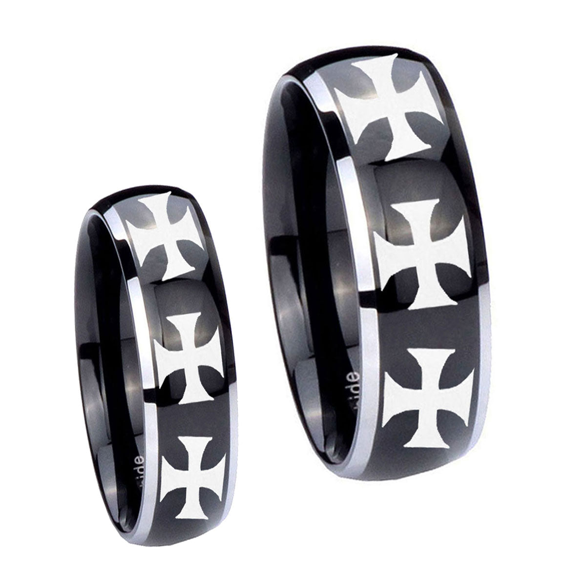 Multiple Maltese Cross Dome Glossy Black 2 Tone Tungsten Wedding Set Ring