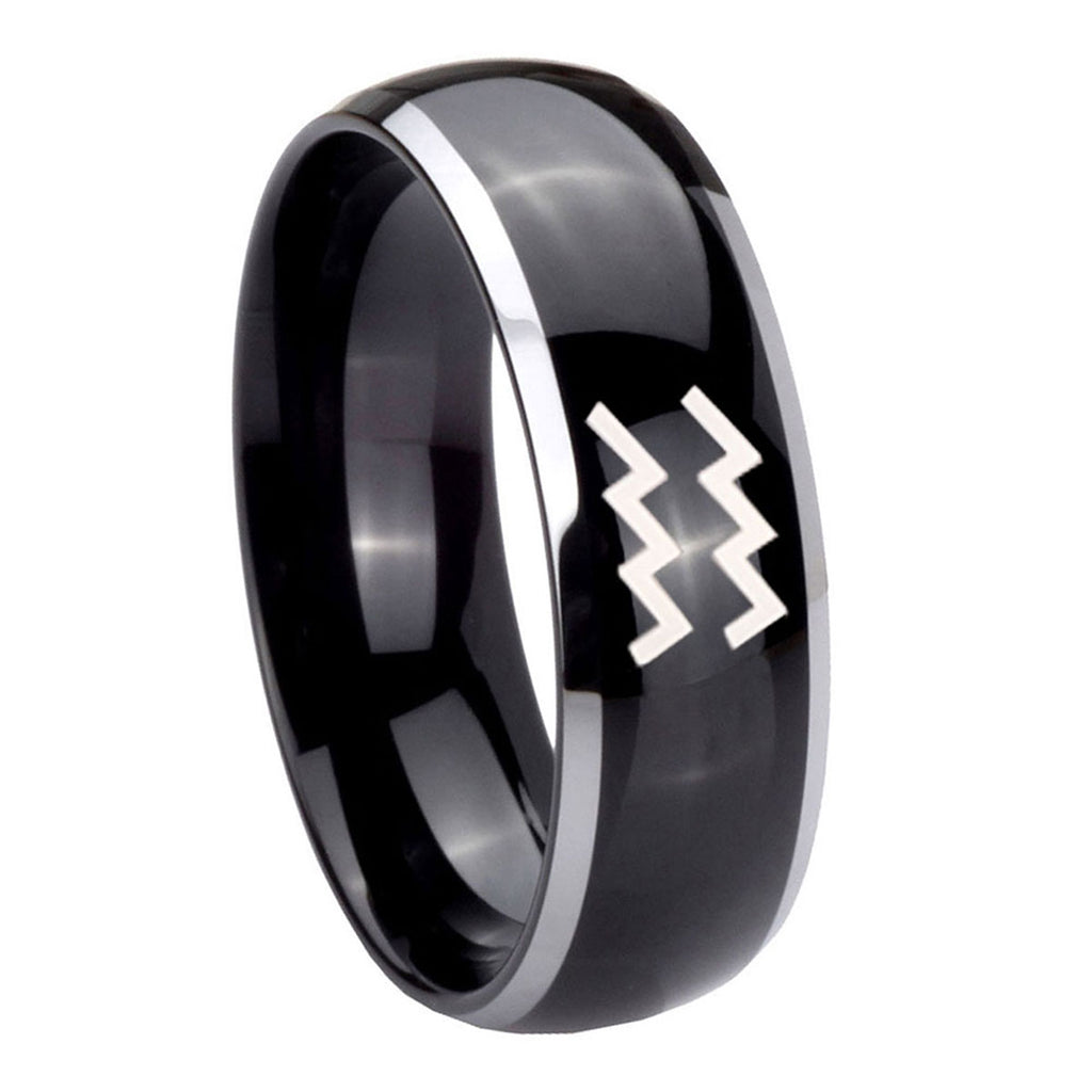 8mm Aquarius Horoscope Dome Glossy Black 2 Tone Tungsten Ring