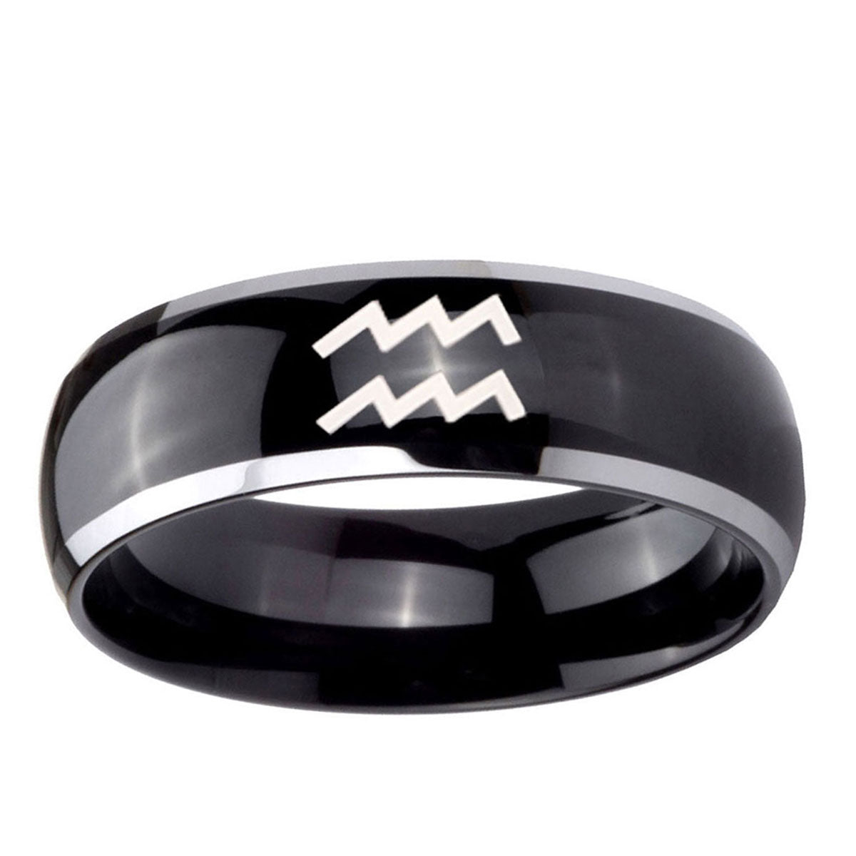 5mm Aquarius Horoscope Dome Glossy Black 2 Tone Tungsten Ring