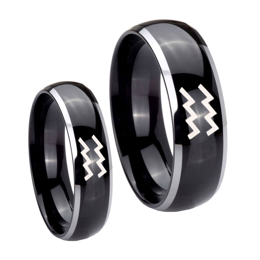 Aquarius Horoscope Dome Glossy Black 2 Tone Tungsten Mens Band Set