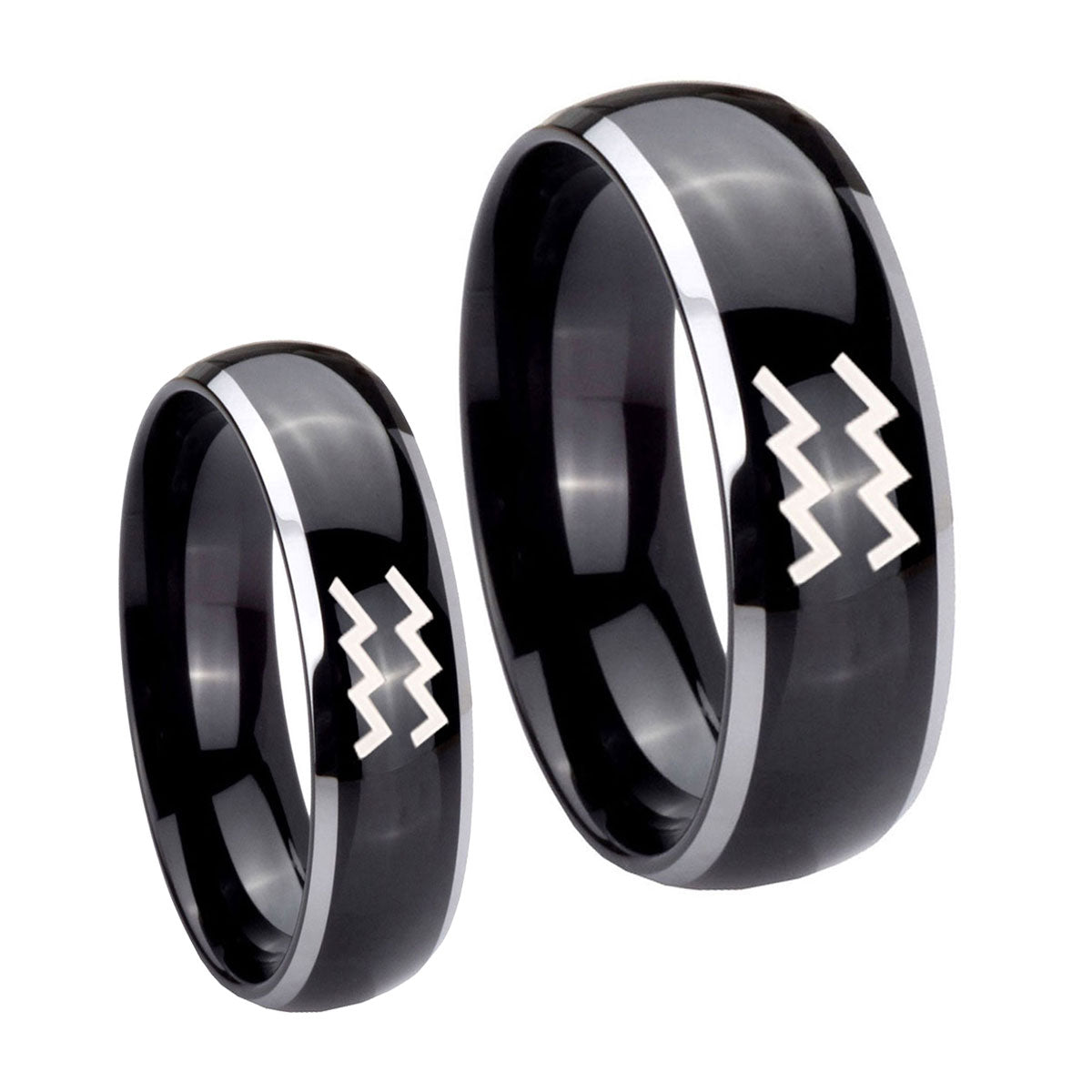 Aquarius Horoscope Dome Glossy Black 2 Tone Tungsten Mens Band Set