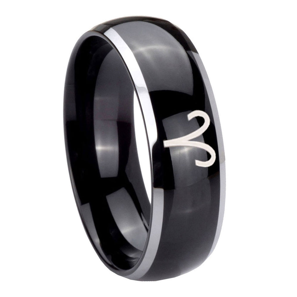 8mm Aries Zodiac Dome Glossy Black 2 Tone Tungsten Ring