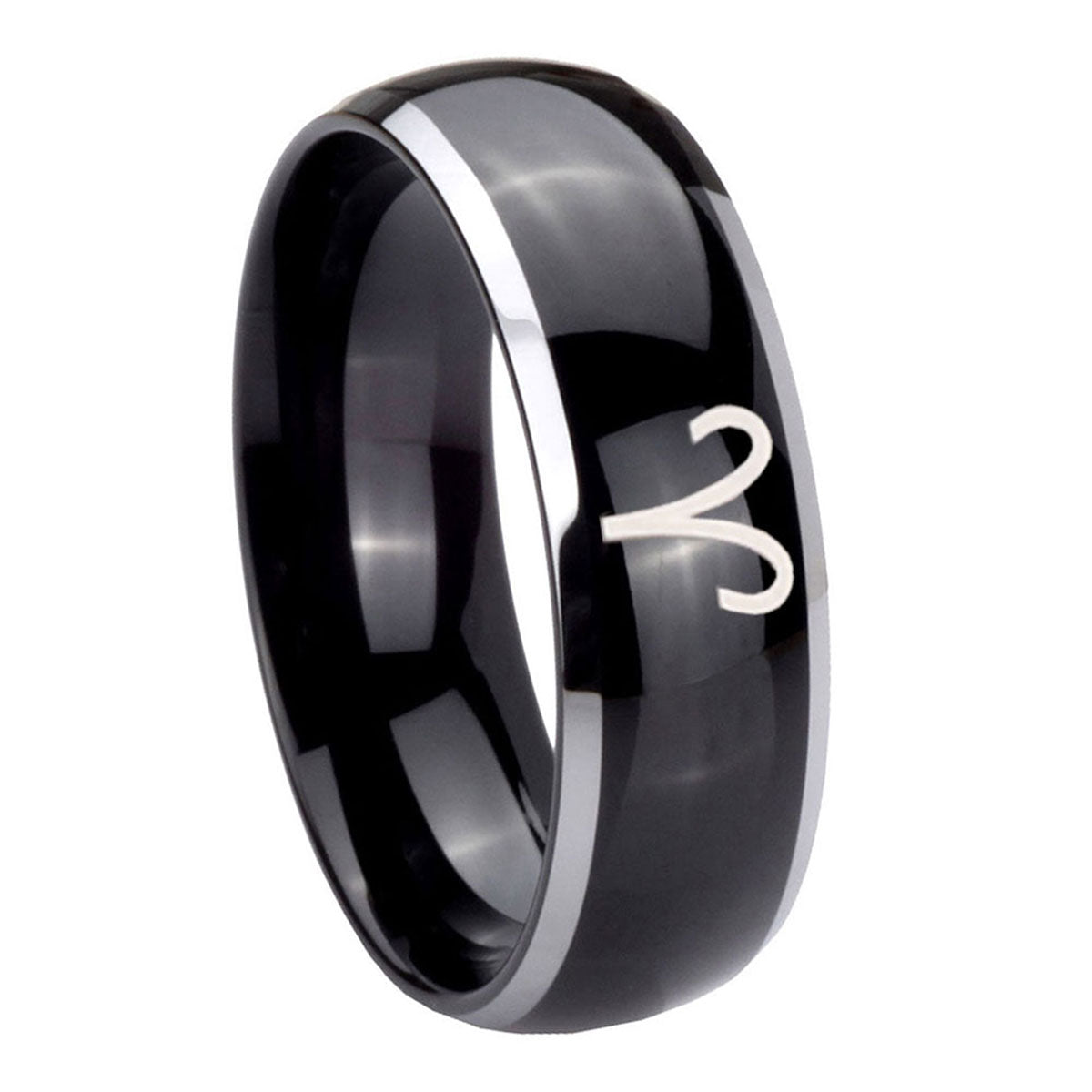 8mm Aries Zodiac Dome Glossy Black 2 Tone Tungsten Ring