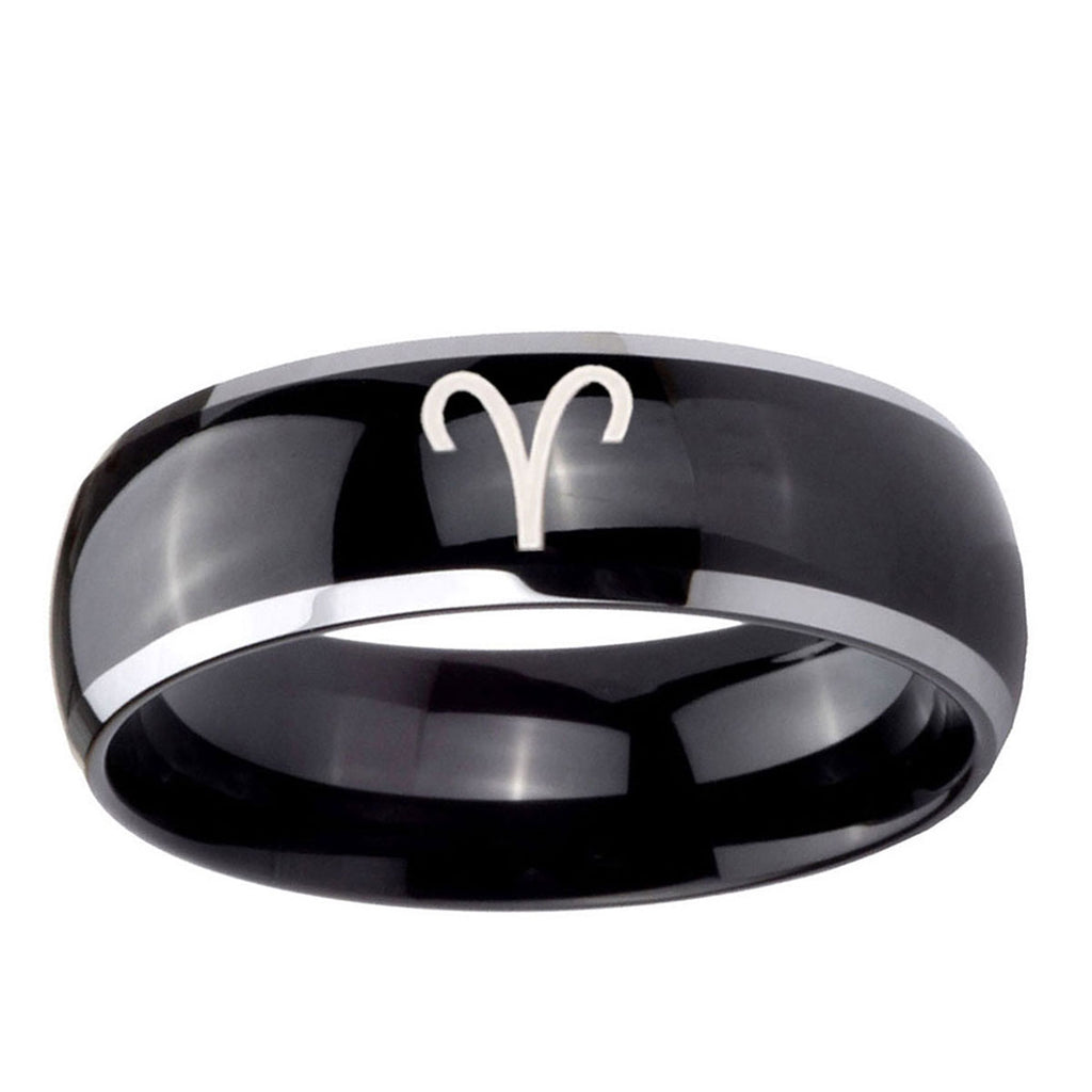 10mm Aries Zodiac Dome Glossy Black 2 Tone Tungsten Ring