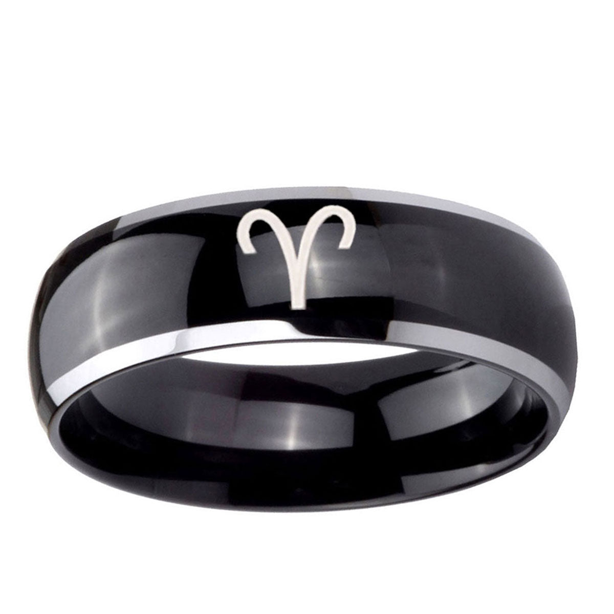 10mm Aries Zodiac Dome Glossy Black 2 Tone Tungsten Ring