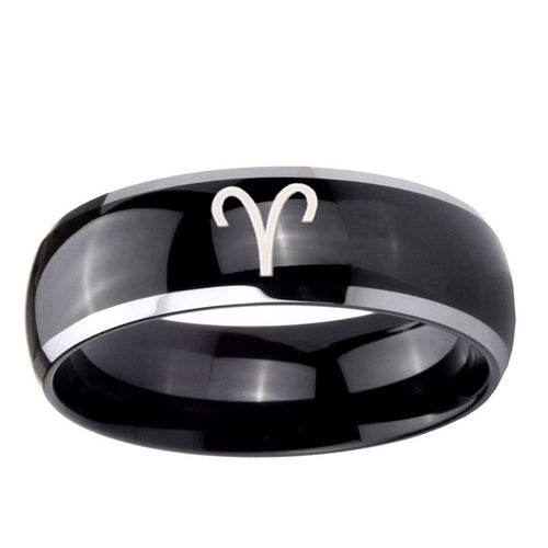 10mm Aries Zodiac Dome Glossy Black 2 Tone Tungsten Ring