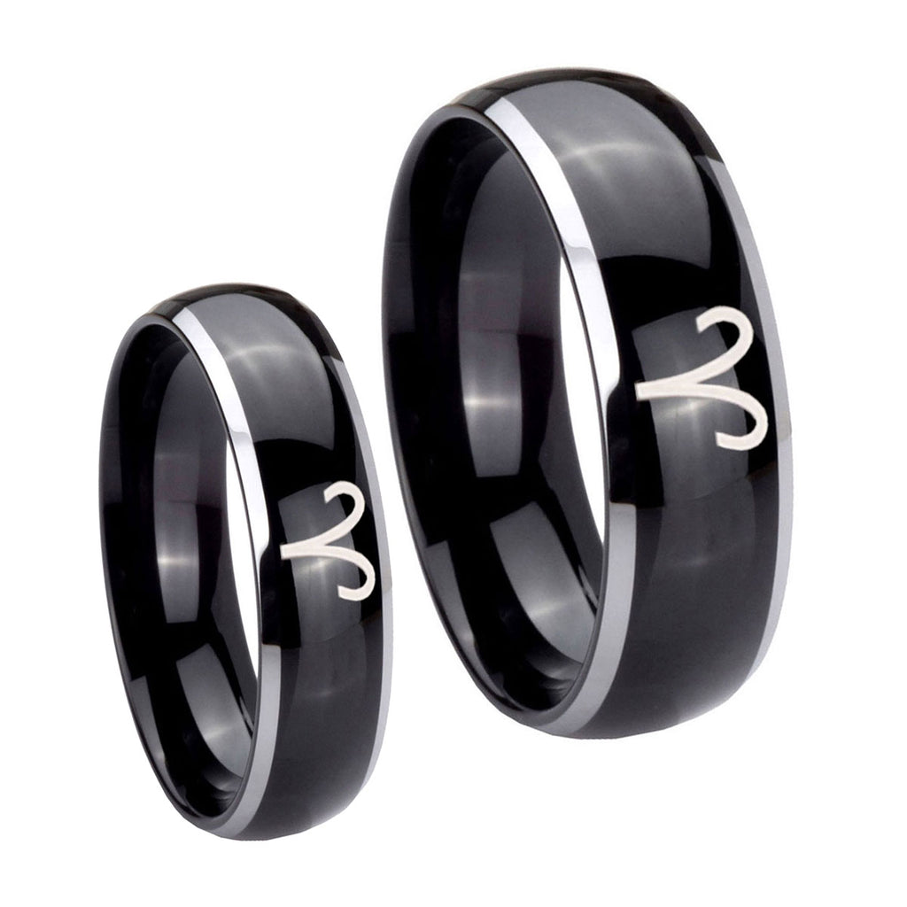 Aries Zodiac Dome Glossy Black 2 Tone Tungsten Bridal Set Rings