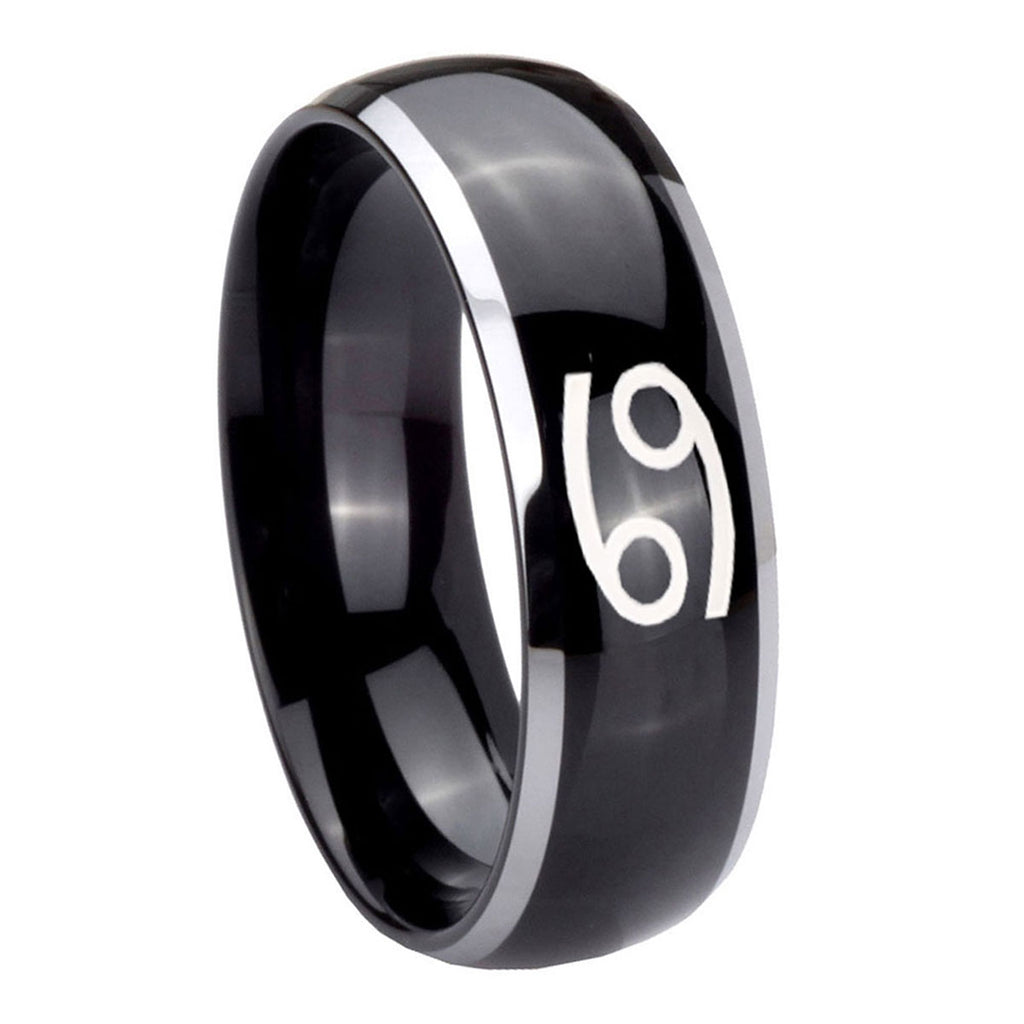 8mm Cancer Horoscope Dome Glossy Black 2 Tone Tungsten Ring