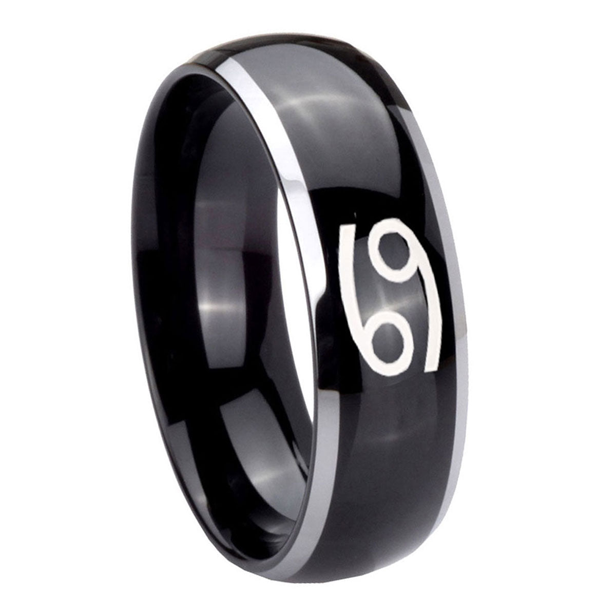 8mm Cancer Horoscope Dome Glossy Black 2 Tone Tungsten Ring