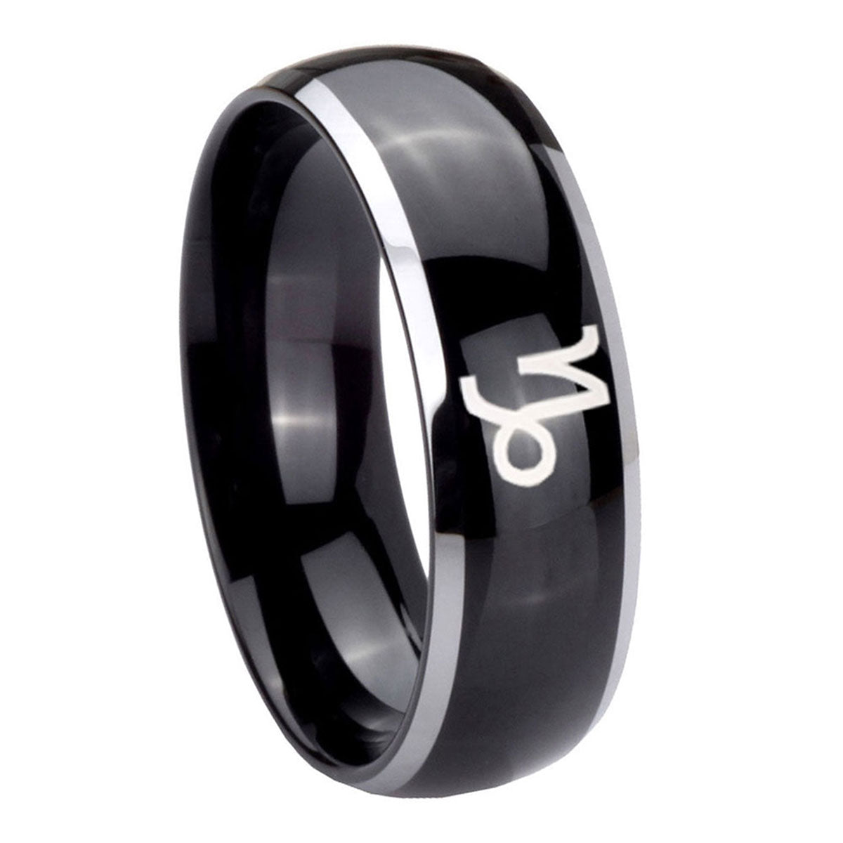 8mm Capricorn Zodiac Dome Glossy Black 2 Tone Tungsten Ring