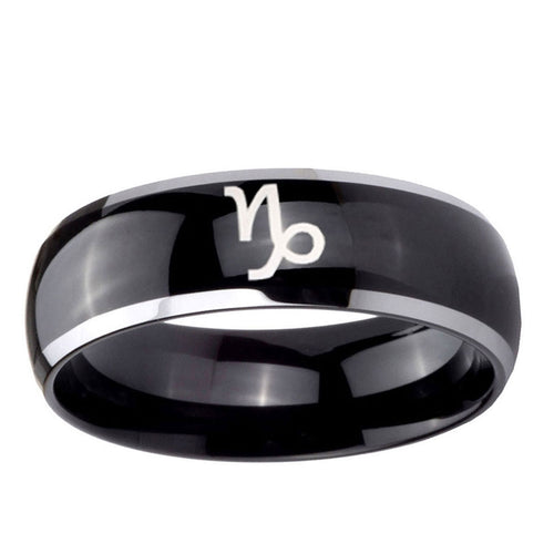10mm Capricorn Zodiac Dome Glossy Black 2 Tone Tungsten Ring