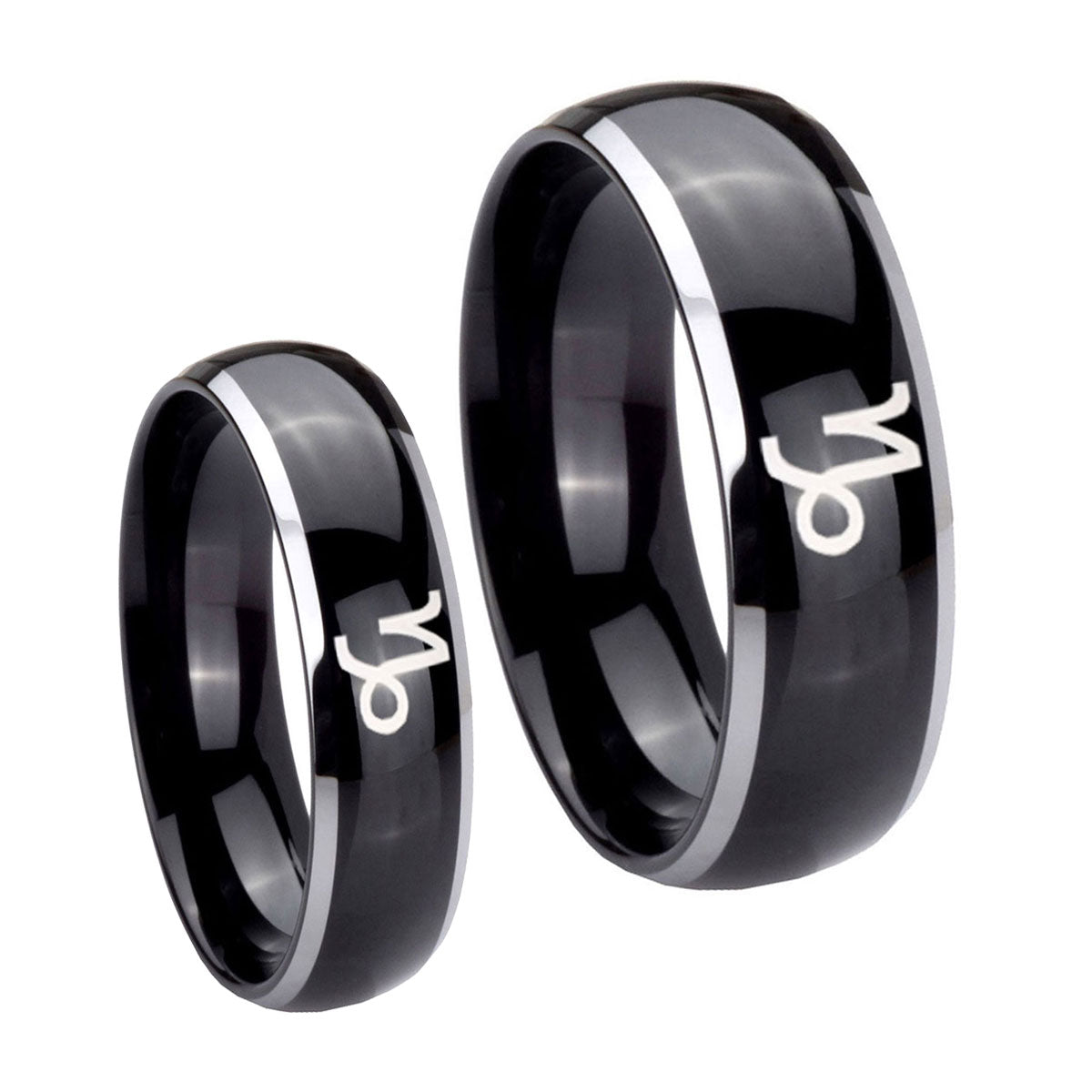 Capricorn Zodiac Dome Glossy Black 2 Tone Tungsten His Hers Ring Set